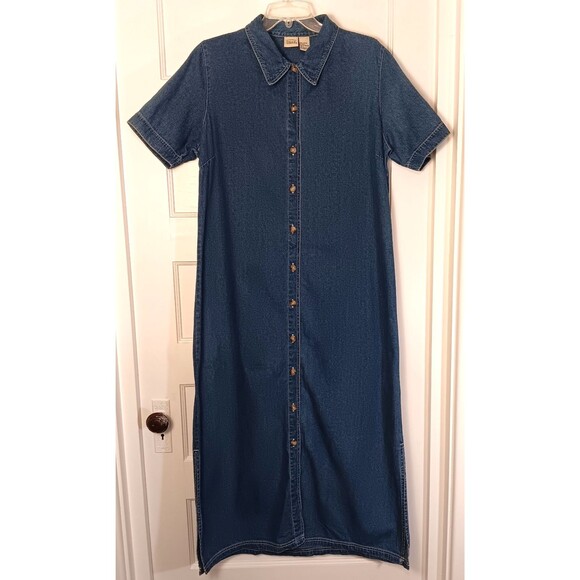 Vtg Denim Maxi Shirt Dress L Blue Cottage Prairie Modest Grandmacore Peasant Y2K - Picture 1 of 7